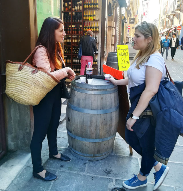 Discussing wine in front of Caprioglio